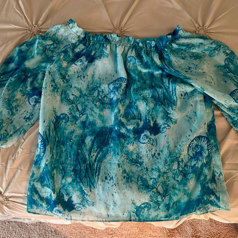 NWOT 2 for $25 GORGEOUS WHBM TEAL & GOLD BLOUSE 3/4 SLEEVE